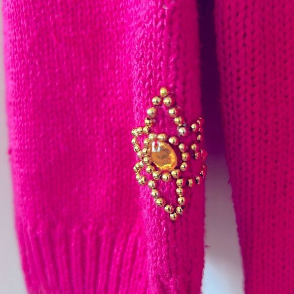 Vintage bright pink cotton/ramie sweater with beads and rhinestones - size L - Picture 6 of 9